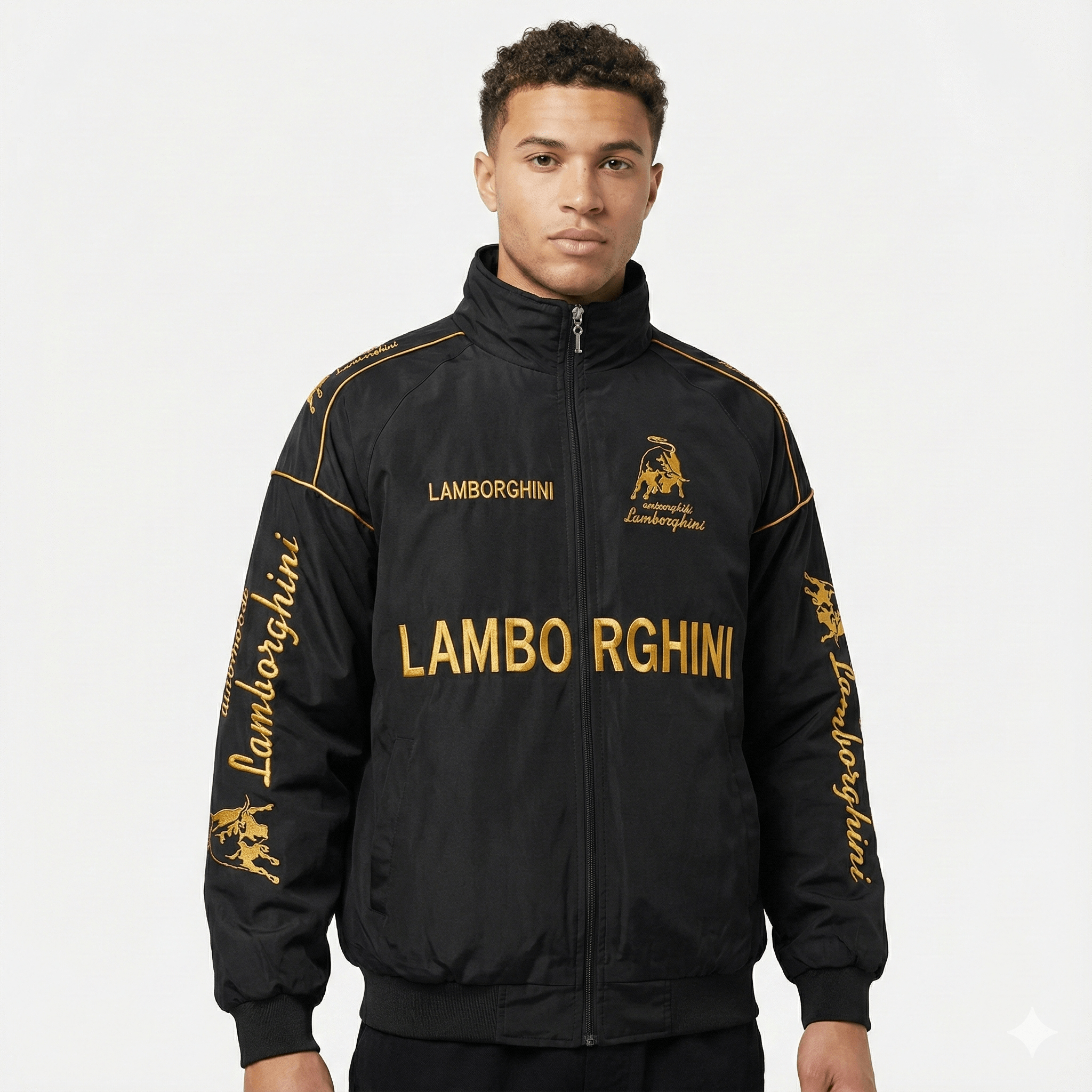 Lamborghini Racing Team Jacke – Schwarzer Motorsport Reißverschluss mit gold bestickten Logos