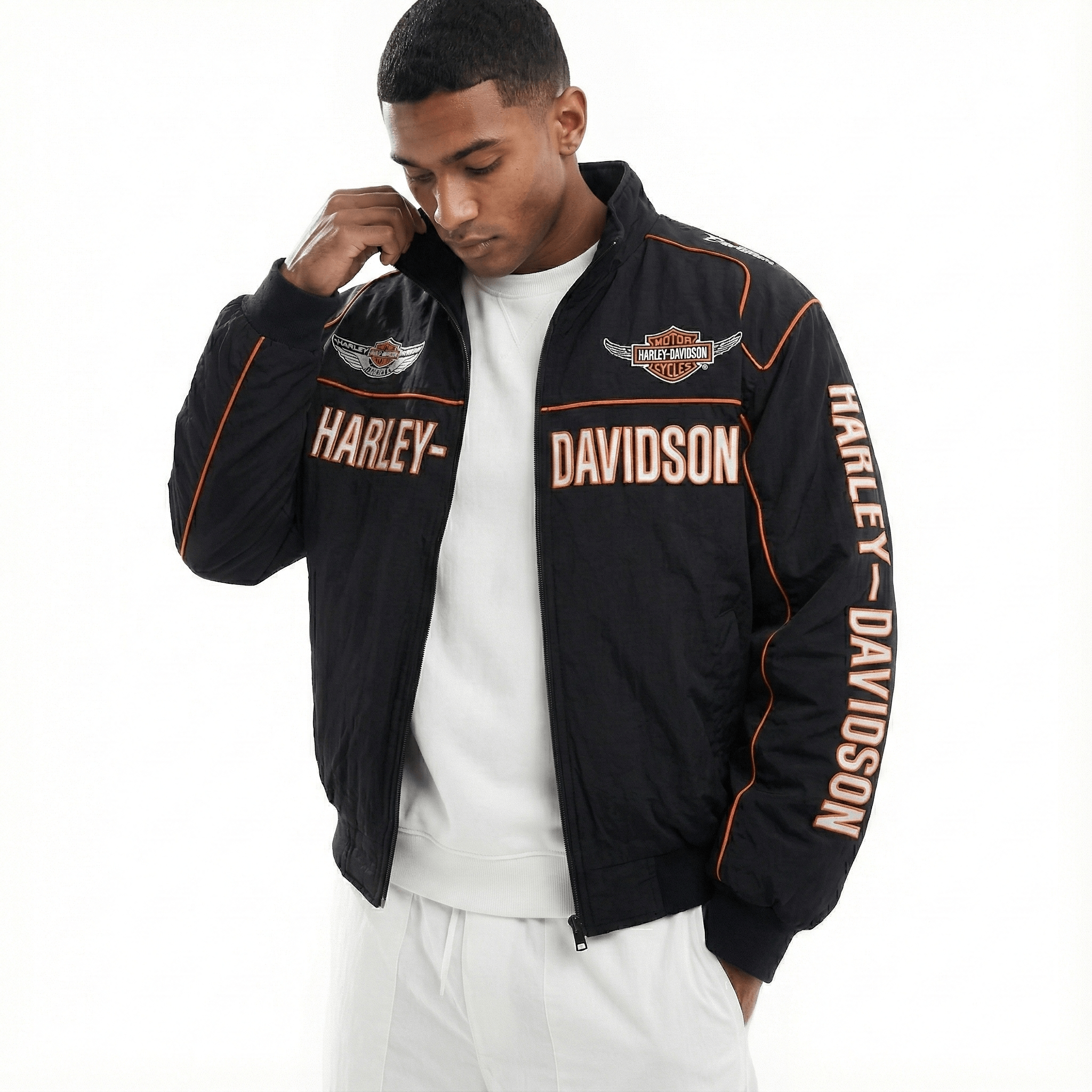 Harley-Davidson Schwarze bestickte Racing Jacke – Herren Vintage Biker Windbreaker