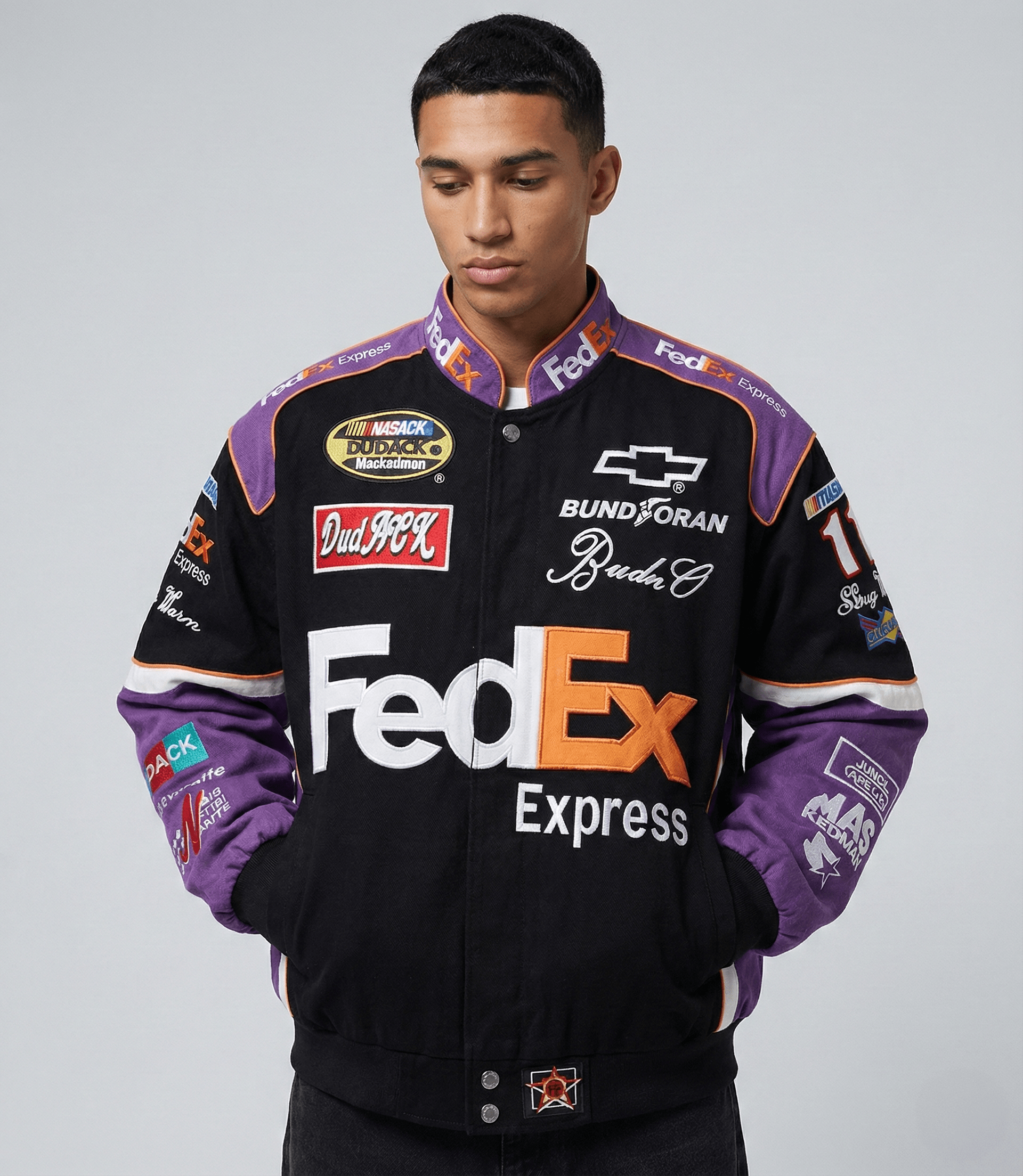 FedEx Nascar Racing Jacke – Bestickter Schwarz/Lila Motorsport Mantel