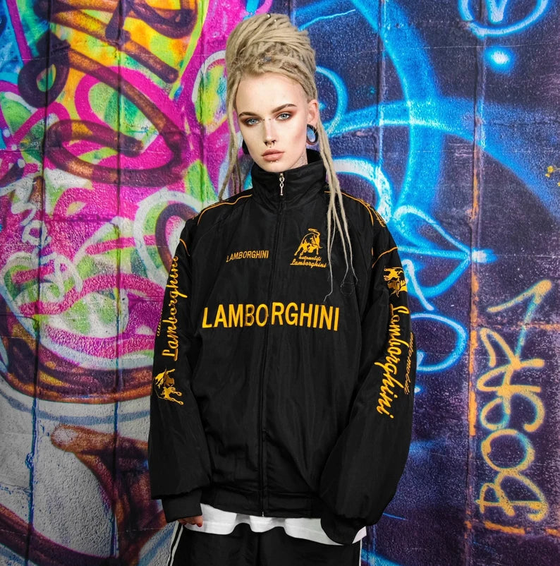 Lamborghini Racing Team Jacke – Schwarzer Motorsport Reißverschluss mit gold bestickten Logos