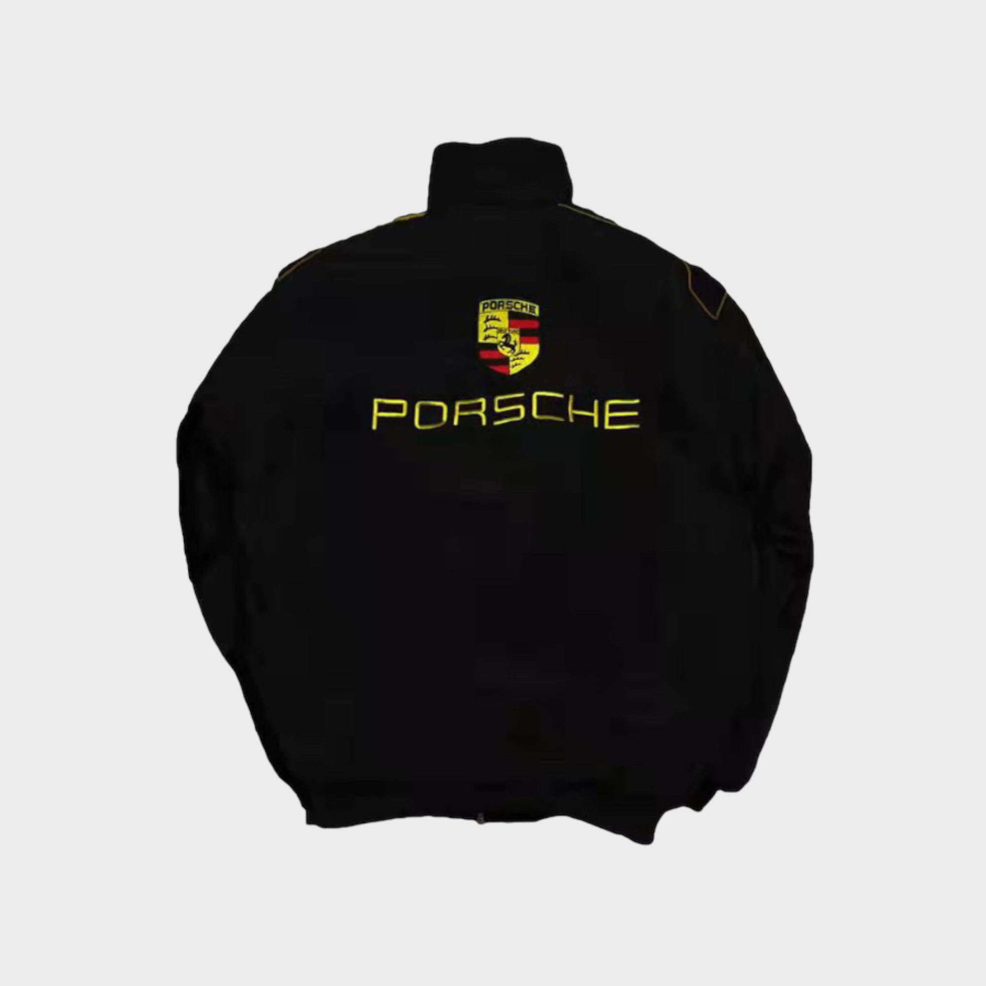 Porsche Rennteam Jacke – Schwarzer Motorsport Reißverschluss mit gelb bestickten Logos