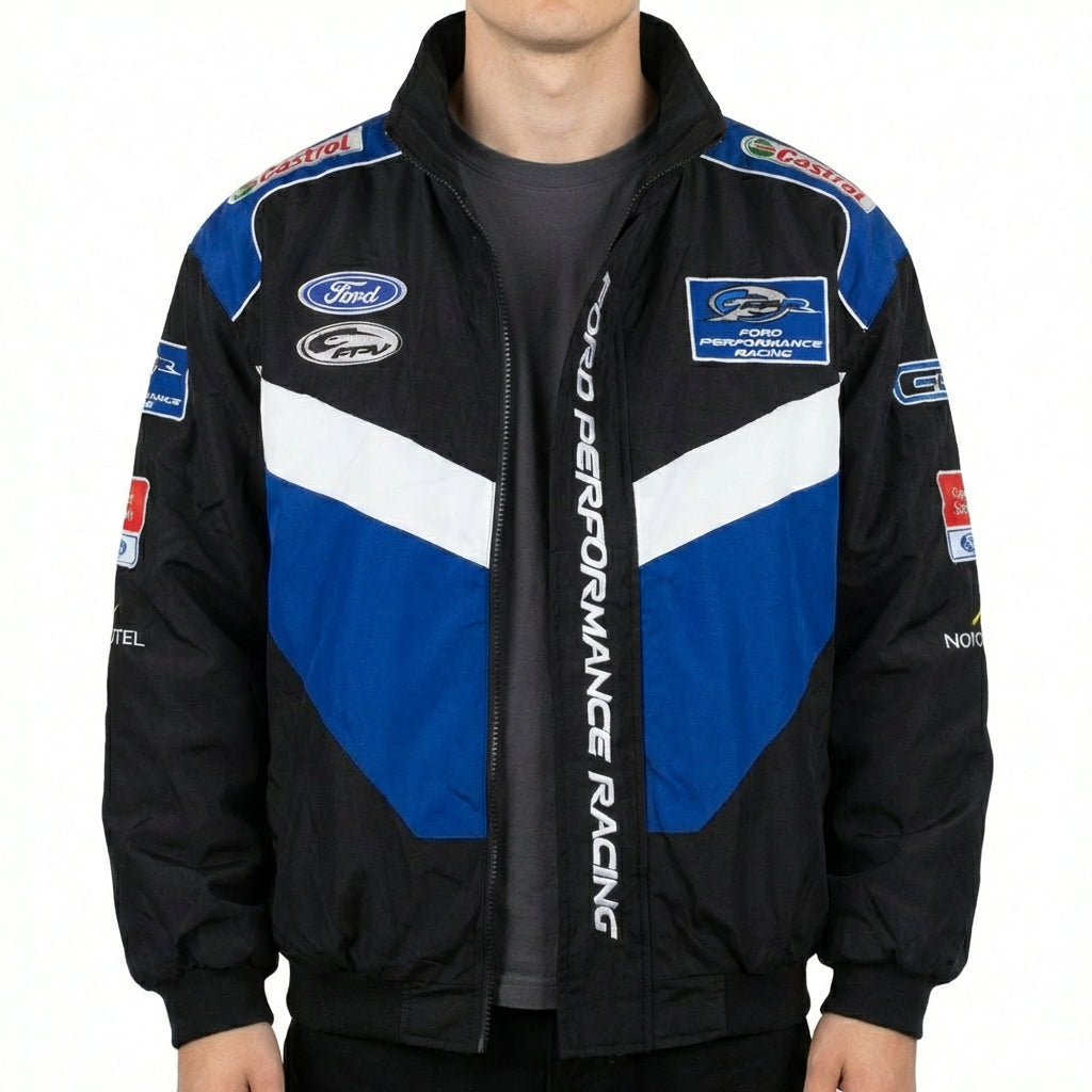 Ford Performance Racing bestickte Racing Jacke Schwarz/Blau | Reißverschluss vorne Motorsport Team Oberbekleidung
