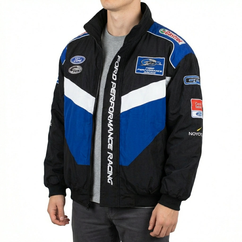 Ford Performance Racing bestickte Racing Jacke Schwarz/Blau | Reißverschluss vorne Motorsport Team Oberbekleidung