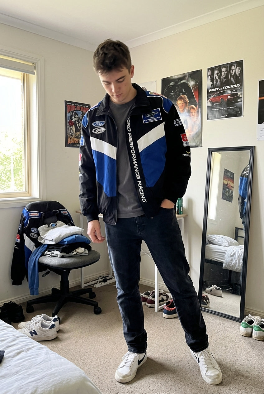 Ford Performance Racing bestickte Racing Jacke Schwarz/Blau | Reißverschluss vorne Motorsport Team Oberbekleidung