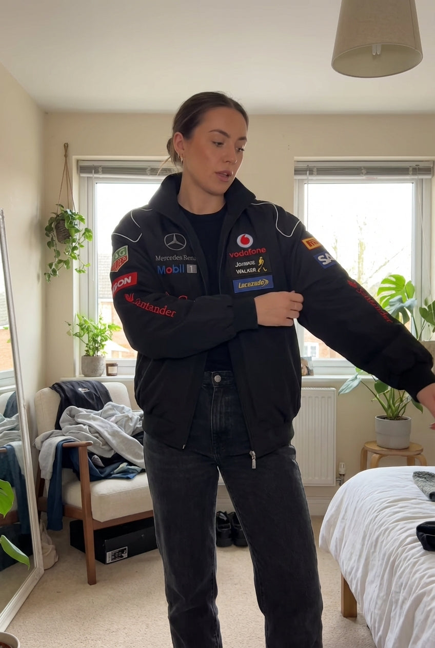 Mercedes-Benz Racing Jacke Schwarz | Voller Reißverschluss Stehkragen Motorsport