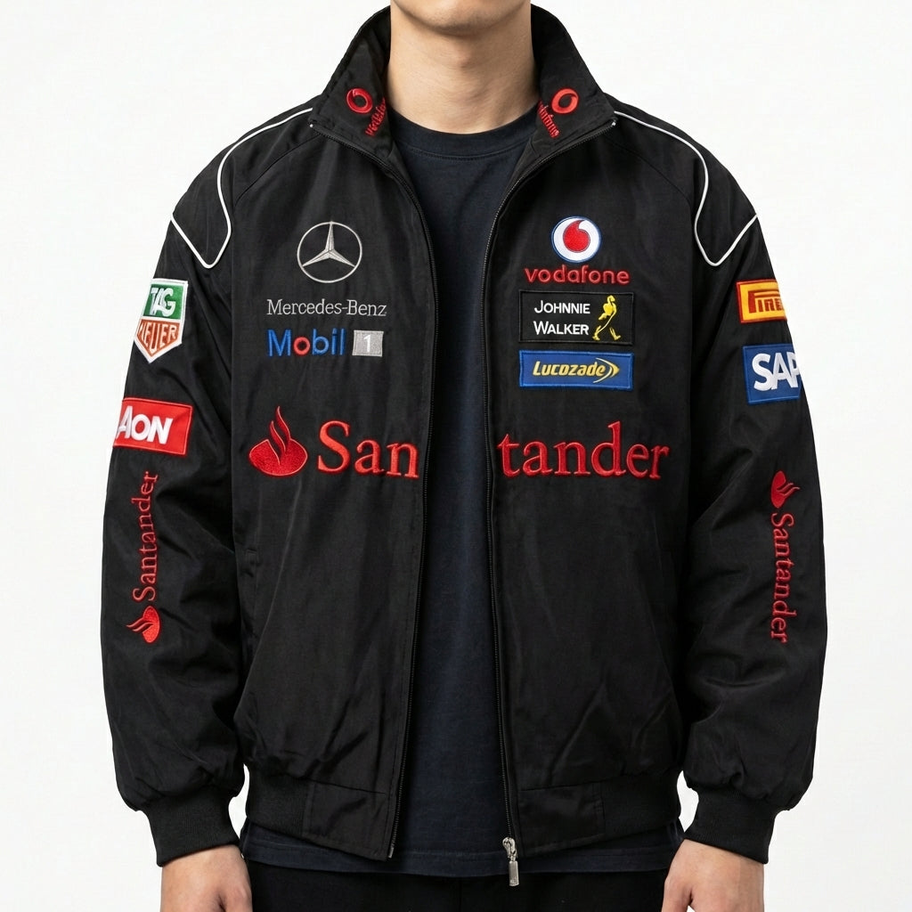 Mercedes-Benz Racing Jacke Schwarz | Voller Reißverschluss Stehkragen Motorsport