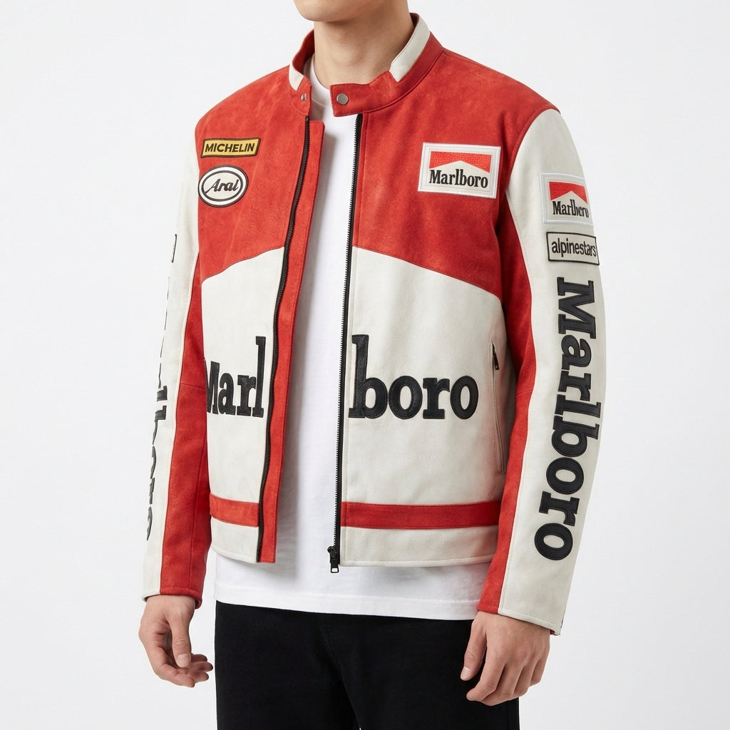 Marlboro Racing Color Block Jacke Rot Weiß | Reißverschluss vorne mit aufgenähtem Logo im Moto-Stil