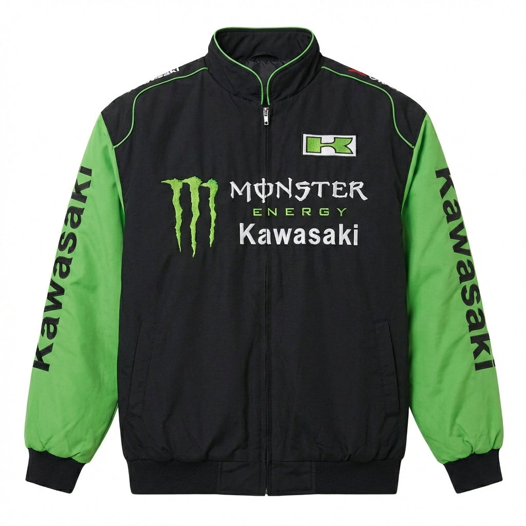 Kawasaki Monster Energy Reißverschluss Racing Jacke Schwarz/Grün | Motocross Team Logo Bomberjacke