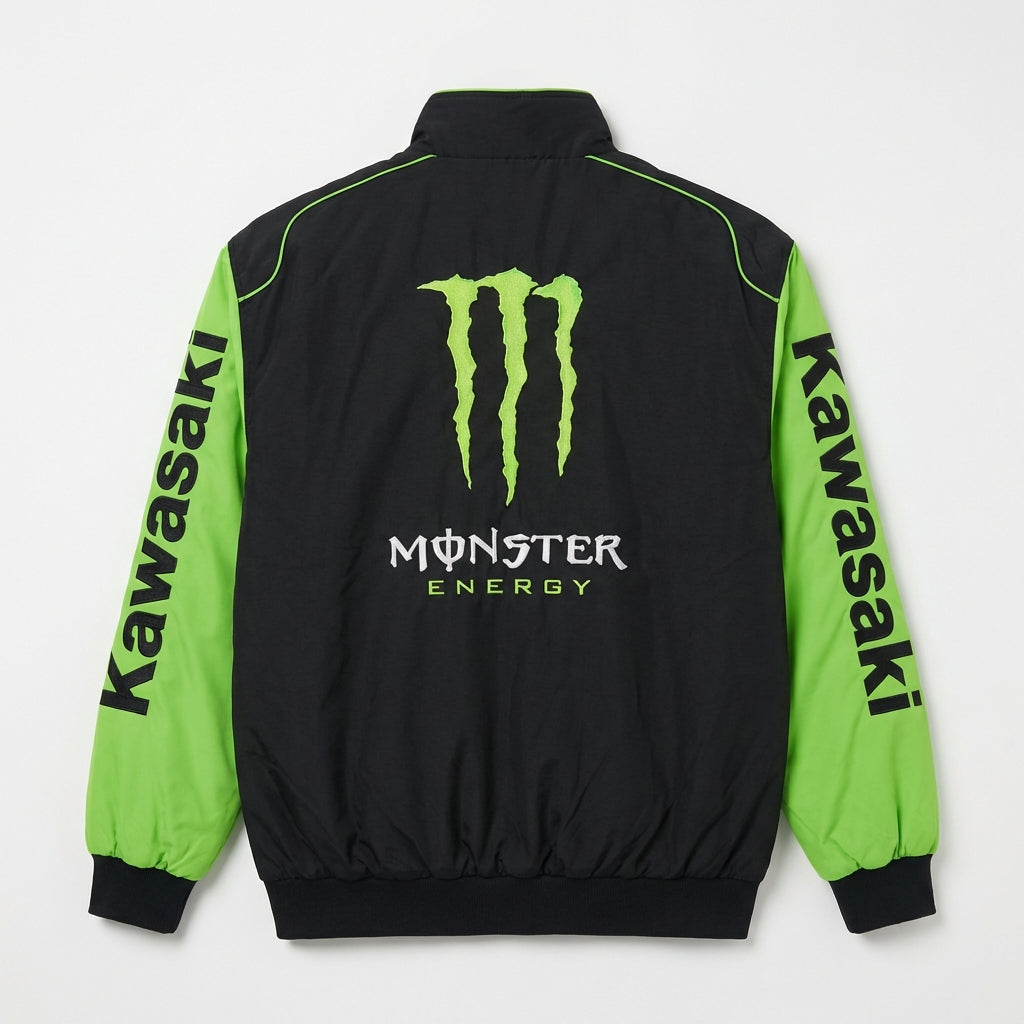 Kawasaki Monster Energy Reißverschluss Racing Jacke Schwarz/Grün | Motocross Team Logo Bomberjacke