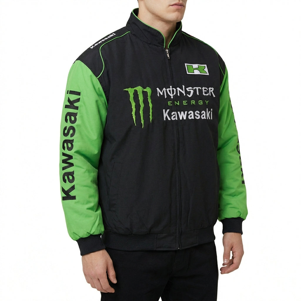 Kawasaki Monster Energy Reißverschluss Racing Jacke Schwarz/Grün | Motocross Team Logo Bomberjacke