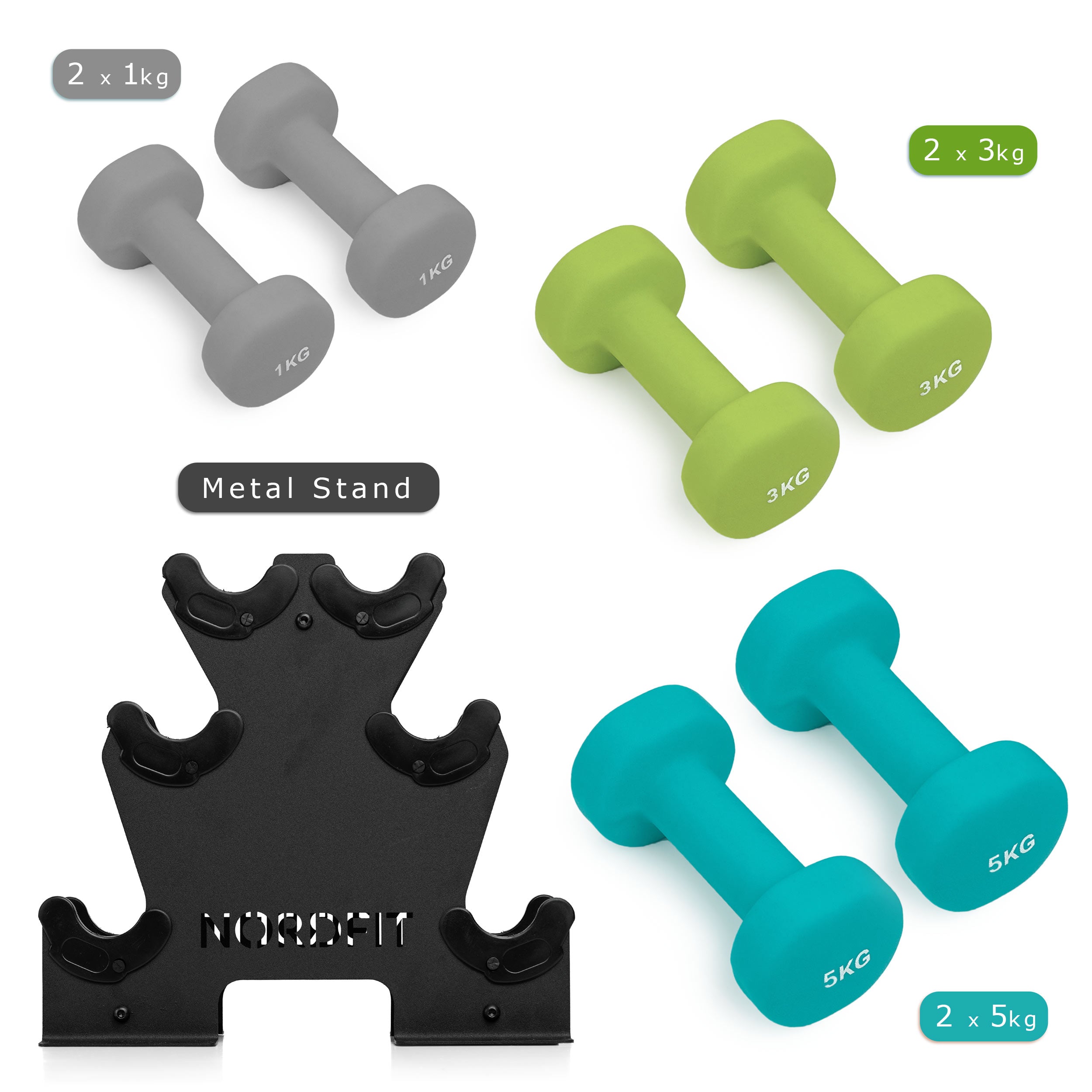 Neoprene Coated Cast Iron Dumbbells - Sizes 1-5kg, sold as pairs or a set