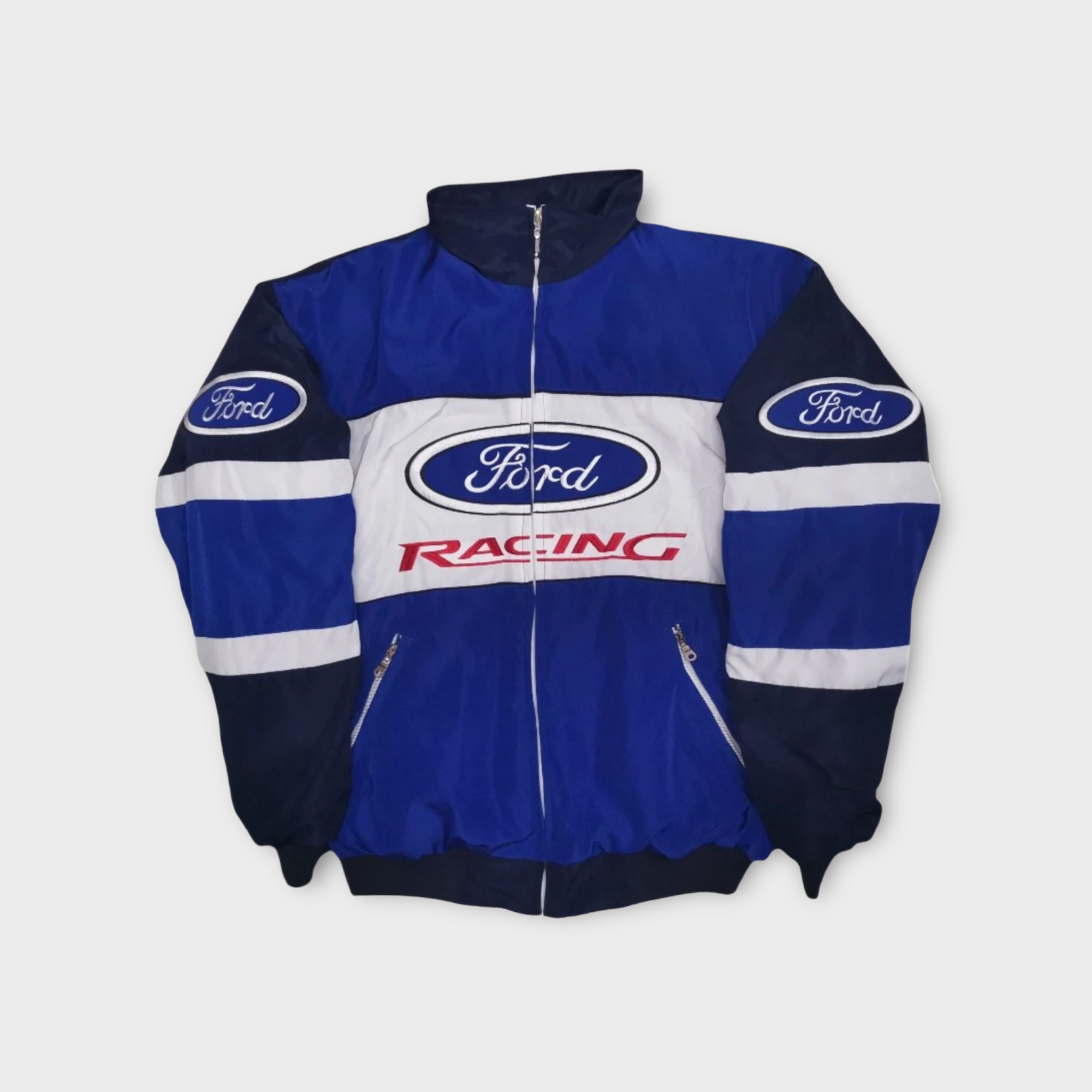 Ford Racing Team Jacke – Blau & Weiß Reißverschluss Vintage-Stil