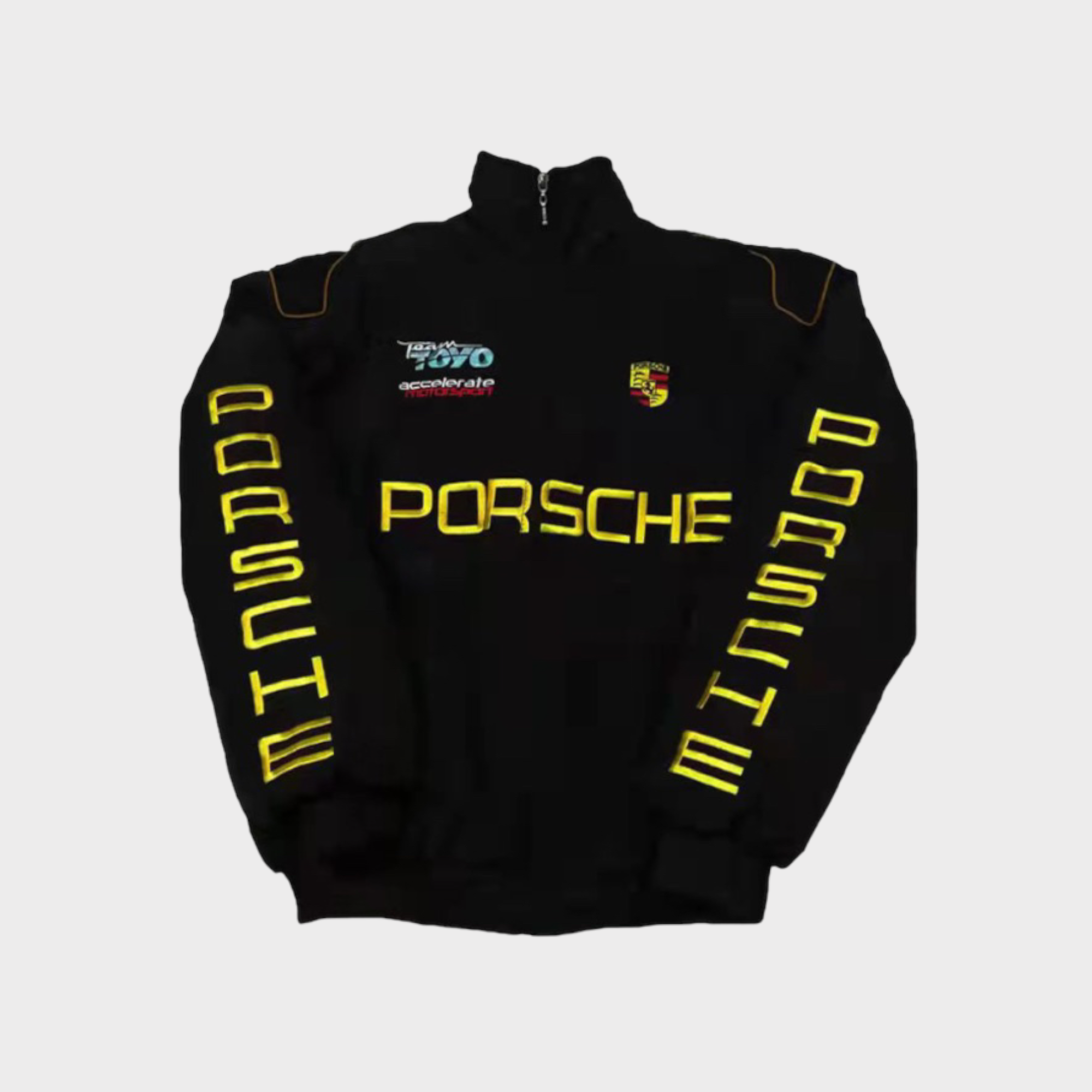 Giacca Team Corse Porsche – Giacca Motorsport Nera con Zip e Loghi Ricamati Gialli