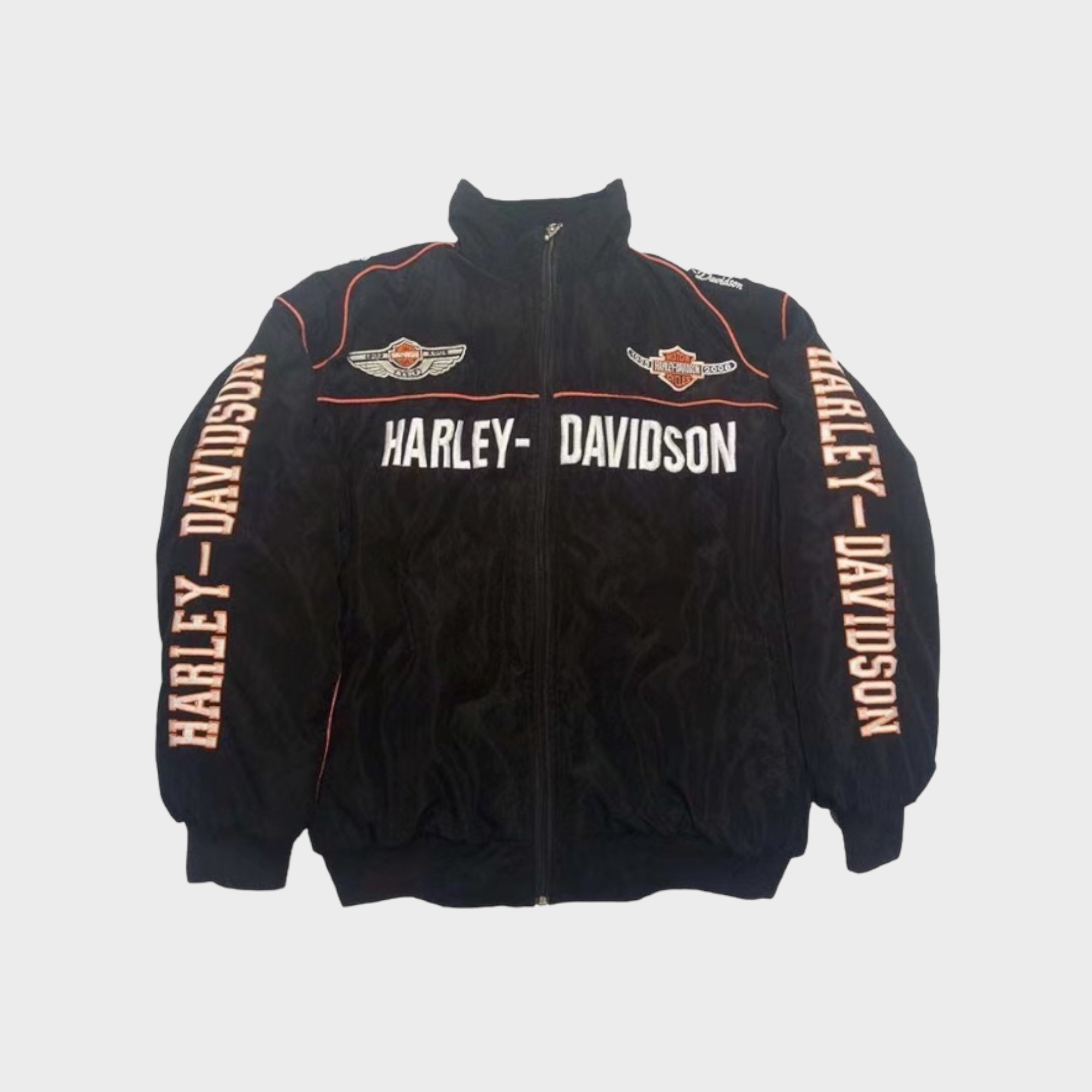 Harley-Davidson Schwarze bestickte Racing Jacke – Herren Vintage Biker Windbreaker