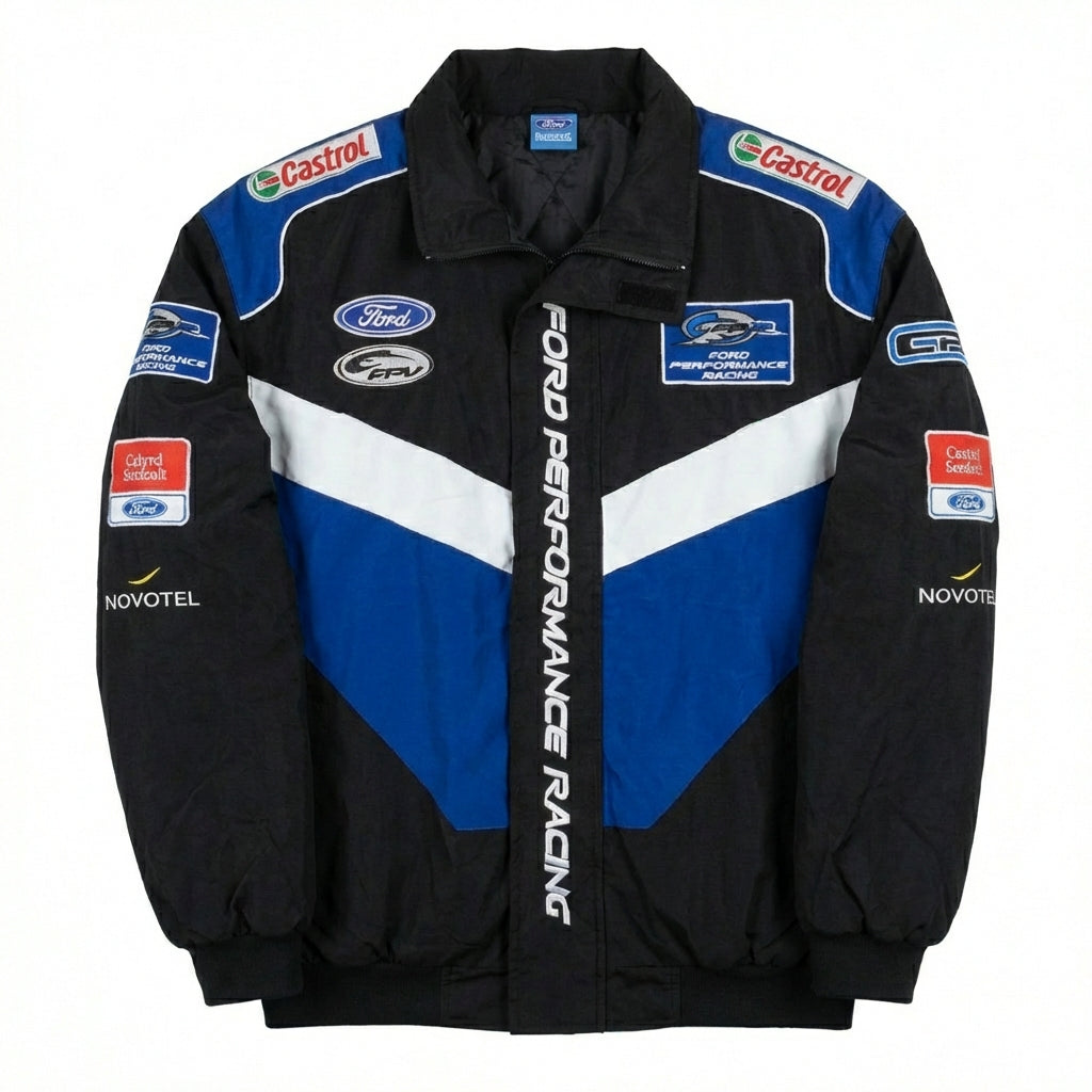 Ford Performance Racing bestickte Racing Jacke Schwarz/Blau | Reißverschluss vorne Motorsport Team Oberbekleidung