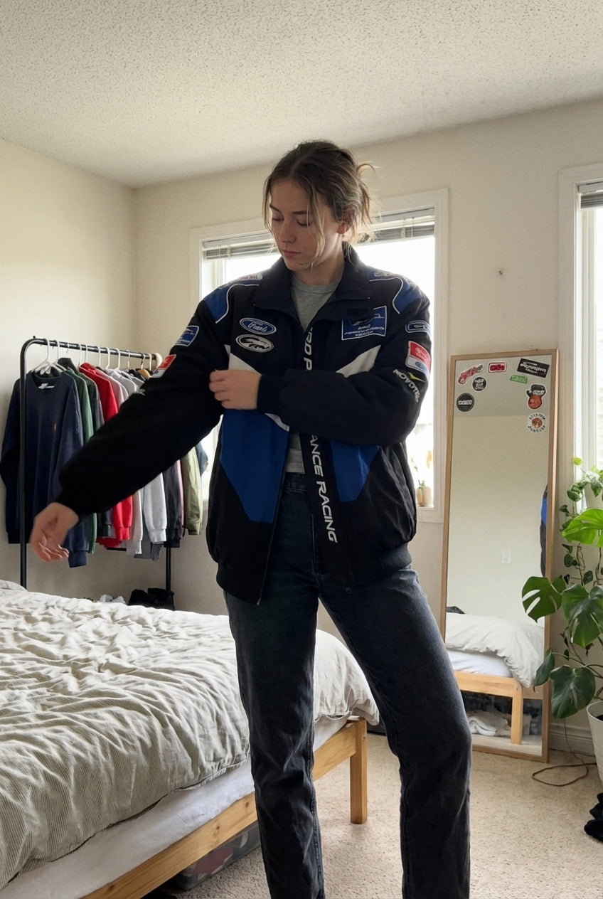 Ford Performance Racing bestickte Racing Jacke Schwarz/Blau | Reißverschluss vorne Motorsport Team Oberbekleidung