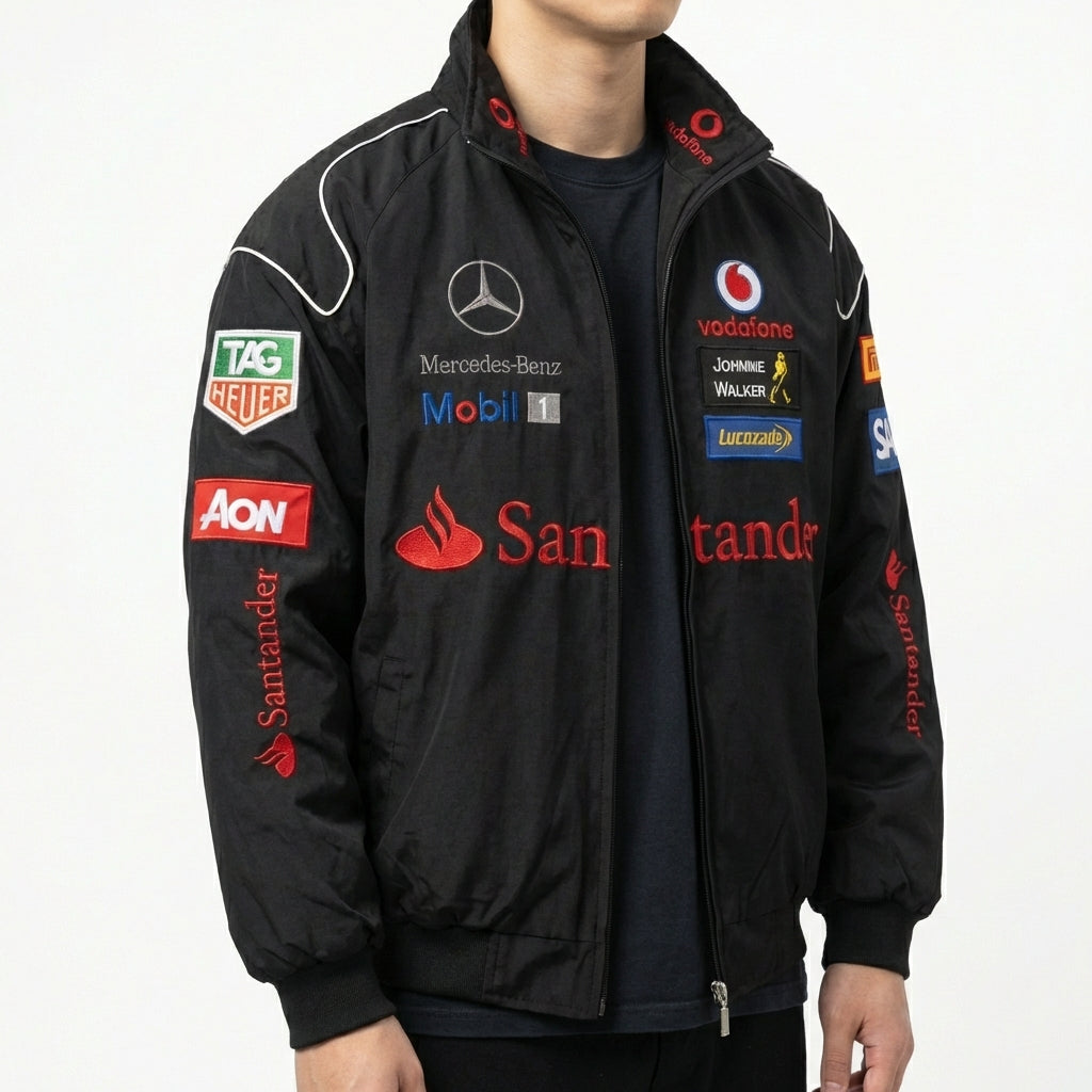 Mercedes-Benz Racing Jacke Schwarz | Voller Reißverschluss Stehkragen Motorsport