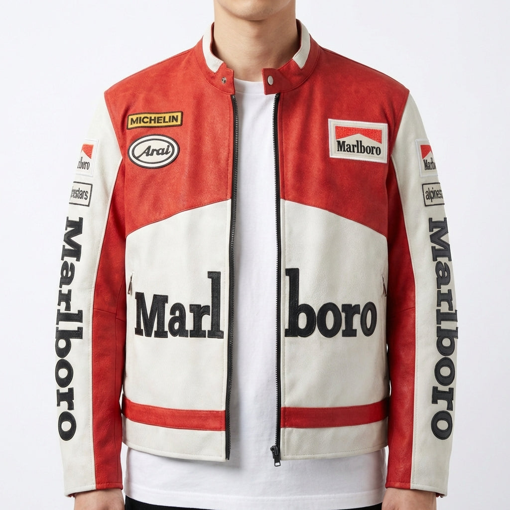 Giacca Color Block Marlboro Racing Rossa e Bianca | Zip Front con Logo Patch Stile Moto