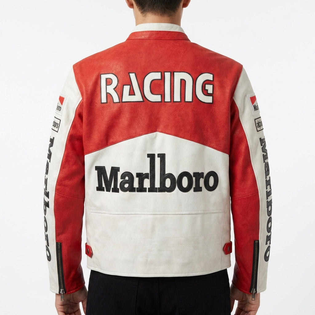Giacca Color Block Marlboro Racing Rossa e Bianca | Zip Front con Logo Patch Stile Moto
