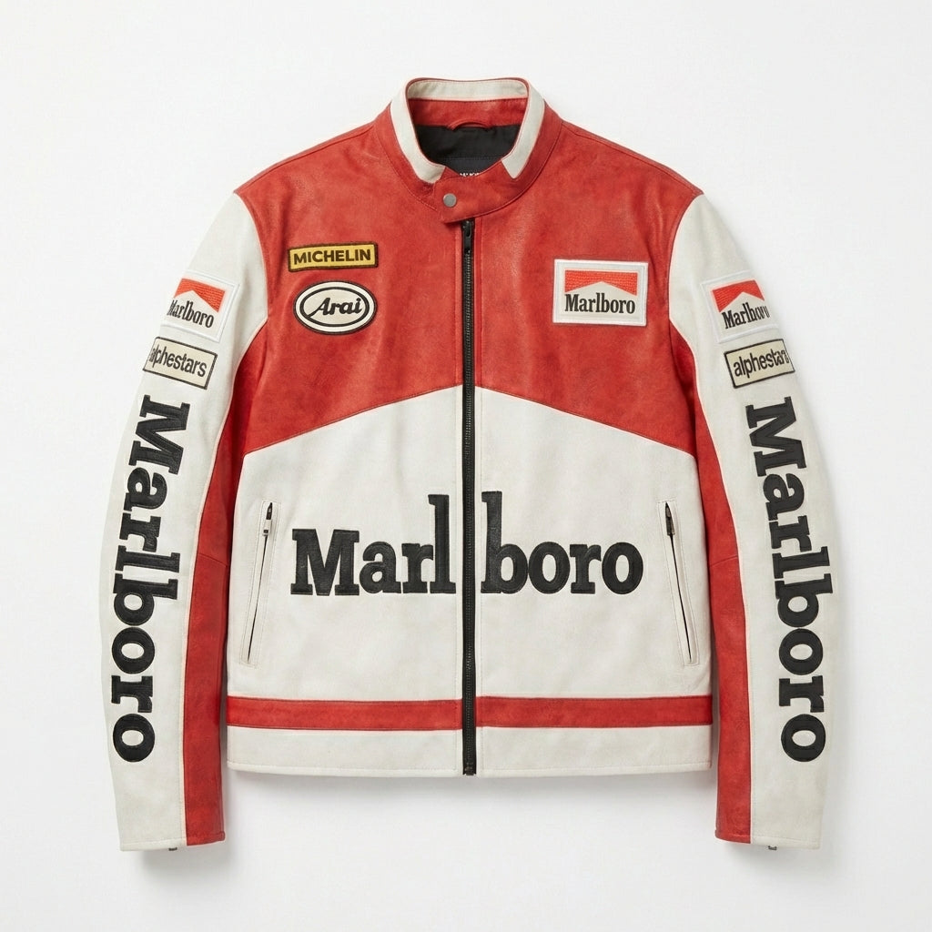 Giacca Color Block Marlboro Racing Rossa e Bianca | Zip Front con Logo Patch Stile Moto