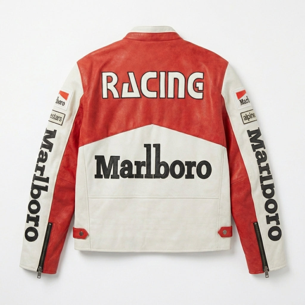 Giacca Color Block Marlboro Racing Rossa e Bianca | Zip Front con Logo Patch Stile Moto