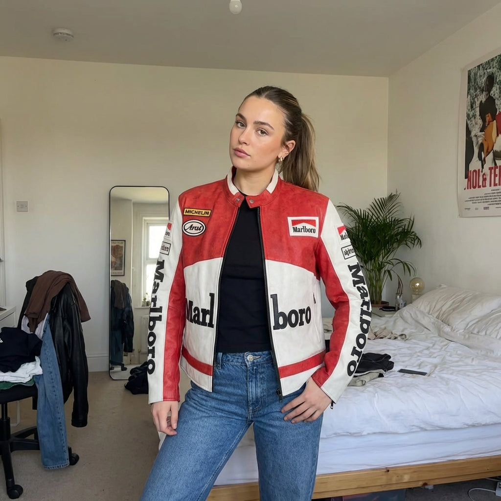 Giacca Color Block Marlboro Racing Rossa e Bianca | Zip Front con Logo Patch Stile Moto