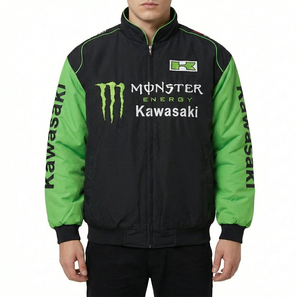 Giacca Racing Kawasaki Monster Energy Nera/Verde con Zip | Bomber con Logo Team Motocross