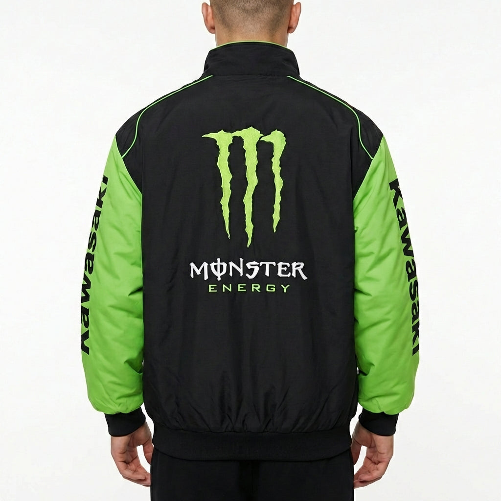 Giacca Racing Kawasaki Monster Energy Nera/Verde con Zip | Bomber con Logo Team Motocross