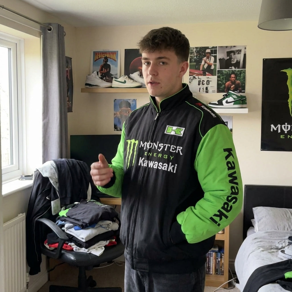 Giacca Racing Kawasaki Monster Energy Nera/Verde con Zip | Bomber con Logo Team Motocross