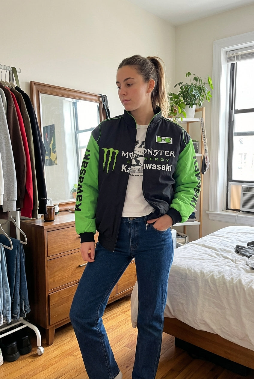 Giacca Racing Kawasaki Monster Energy Nera/Verde con Zip | Bomber con Logo Team Motocross