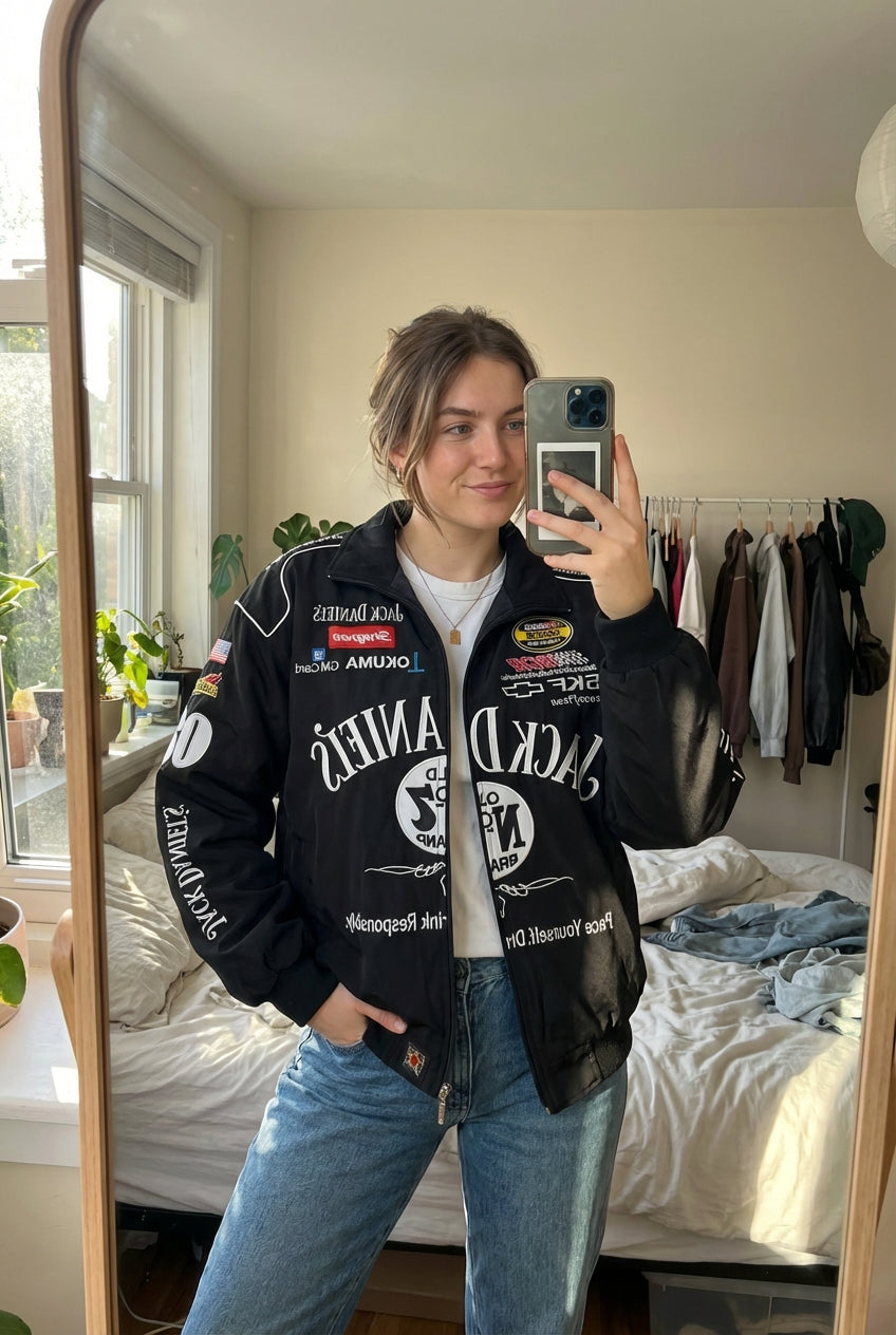 Giacca Racing Jack Daniel's Old No. 7 Nera | Zip Completa con Loghi Sponsor NASCAR
